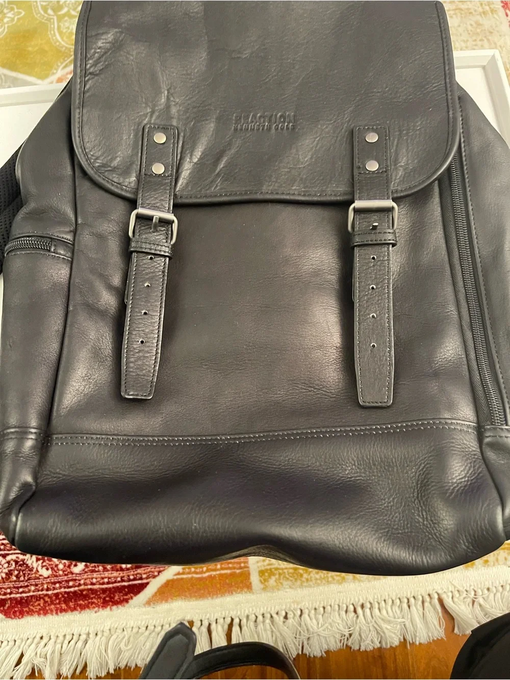 Kenneth Cole Black Leather Buckle-Front Backpack